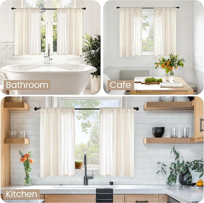 BGment Linen Kitchen Window Curtains Over Sink, 36 Inch Length Cafe Drapes | - Image 2
