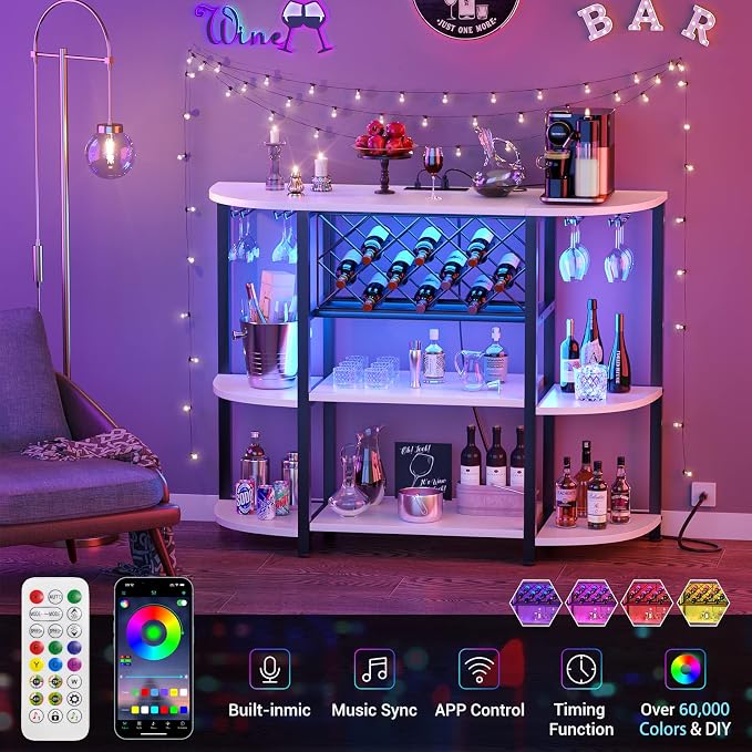 Unikito Bar Table Cabinet with Charging Station, Wine Rack Table with LED Light - Image 5