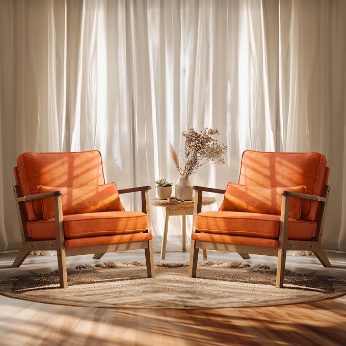 Vingli Solid Wood Wide Armrests Accent Chair Set of 2, Upholstered Mid Century by VINGLI