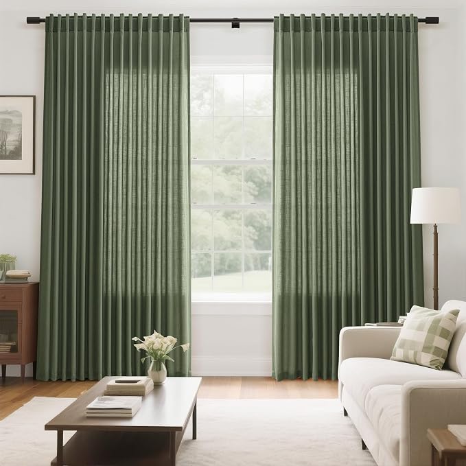 Olive Green Large Window Curtains Light Filtering Semi Sheer Privacy Linen - Image 7