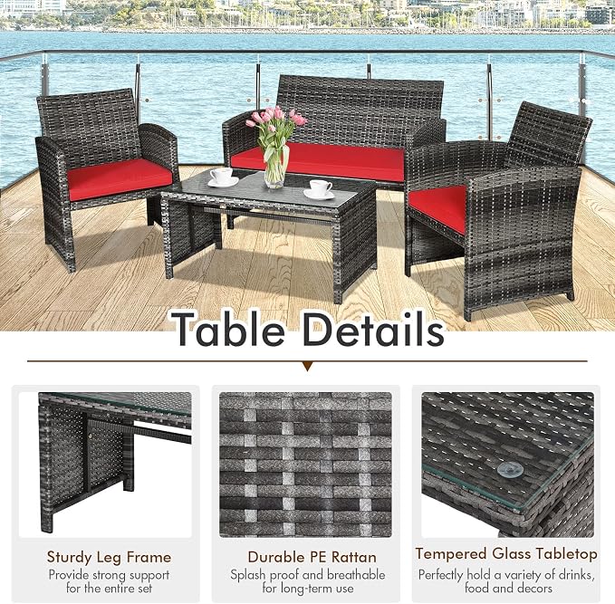 Goplus 4-Piece Rattan Patio Furniture Set, Outdoor Wicker Conversation Sofa - Image 3