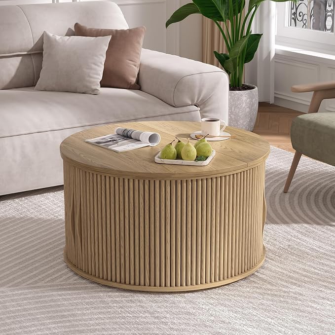 JOINICE 31.5" Round Lift Top Coffee Table, Natural Oak Modern Fluted Drum - Image 5