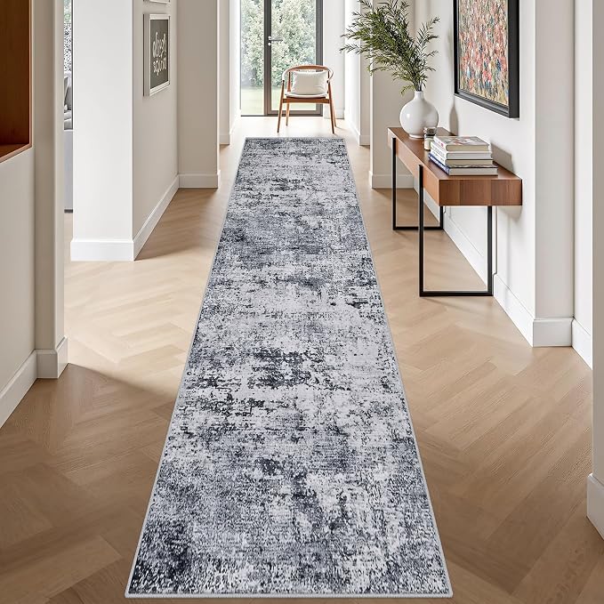 2.6x14 Washable Runner Rug:Modern Abstract Indoor Soft Carpet Grey | - Image 4
