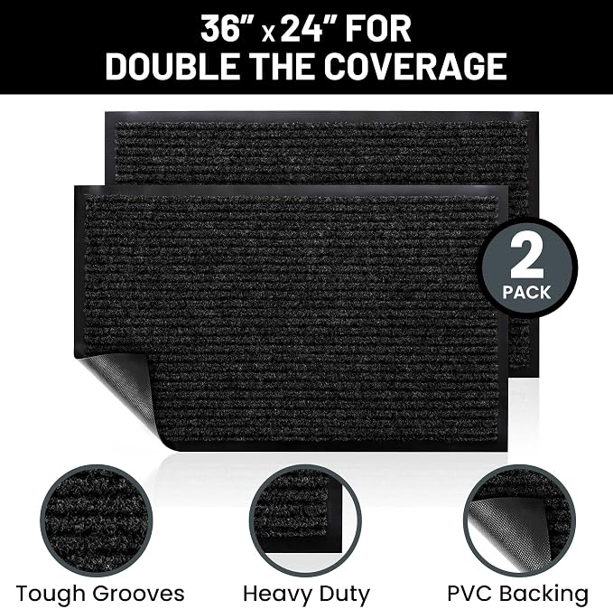 Front Door Mat, Indoor Outdoor Welcome Entryway Muddy Entrance, 36x24 Black | - Image 2