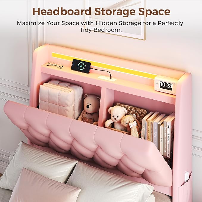 Twin LED Velvet Bed Frame with 2 Storage Drawers&Hidden Headboard, Upholstered - Image 4