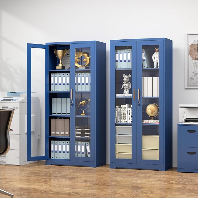 Polup Curio Cabinets with Glass Doors, Tall Bookcase with Adjustable Shelves - Image 2
