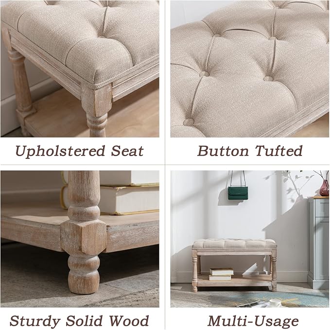 Farmhouse Storage Bench Wooden Entryway Linen Upholstered Ottoman Button Tufted - Image 3