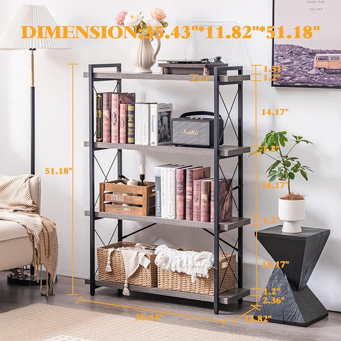 HCHQHS Bookshelf, 4-Tier Industrial Bookcase, Rustic Open Book Shelf, - Image 3