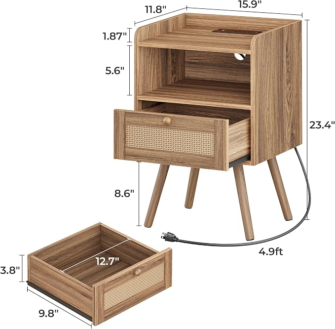 SUPERJARE Nightstand with Charging Station & Rattan-Like Decor Drawer, Rattan - Image 3