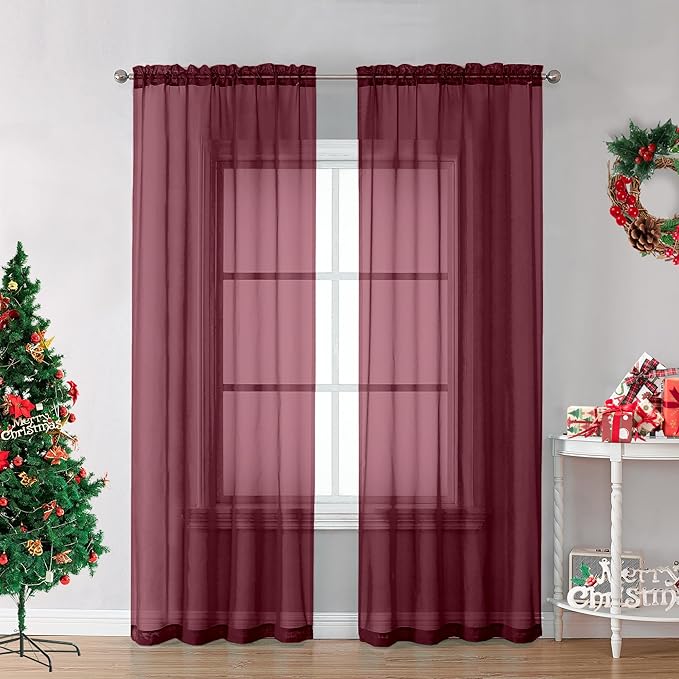 Burgundy Sheer Curtains 84 inch Length 2 Panels Set, Light Filtering Sheer by OVZME
