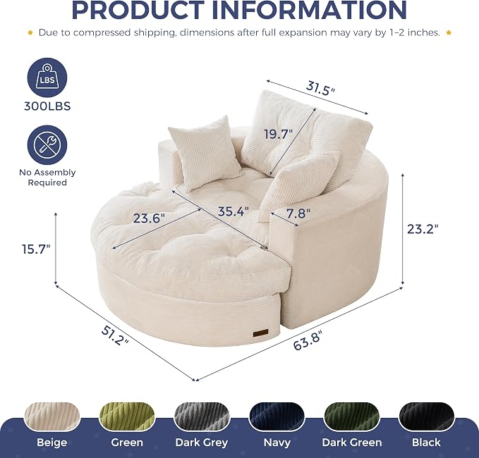 MAXYOYO Oversized Round Chaise Lounge Sofa, Upholstered Lounge Chair - Image 2