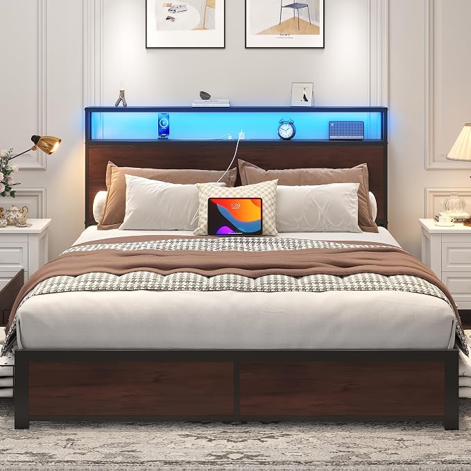 Lifezone Queen Bed Frame with 2-Tier Storage Headboard, Metal Platform Bed - Image 3