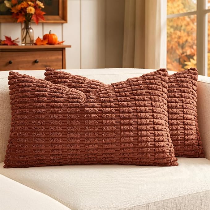 MIULEE Fall Lumbar Corduroy Decorative Throw Pillow Covers 12x20 Dark Rust | by MIULEE