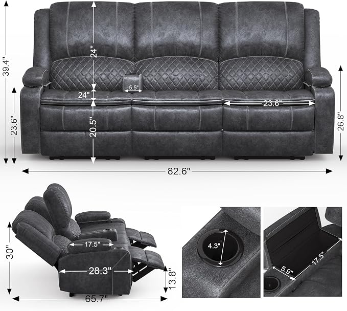 Yolsali 3-Seater Recliner Sofa, Manual Reclining Couch - Image 2