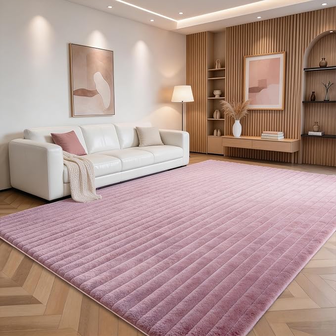 Dusty Rose Rabbit Striped Plush Rug 6'x9', Fluffy Shaggy Area Rug - Image 3