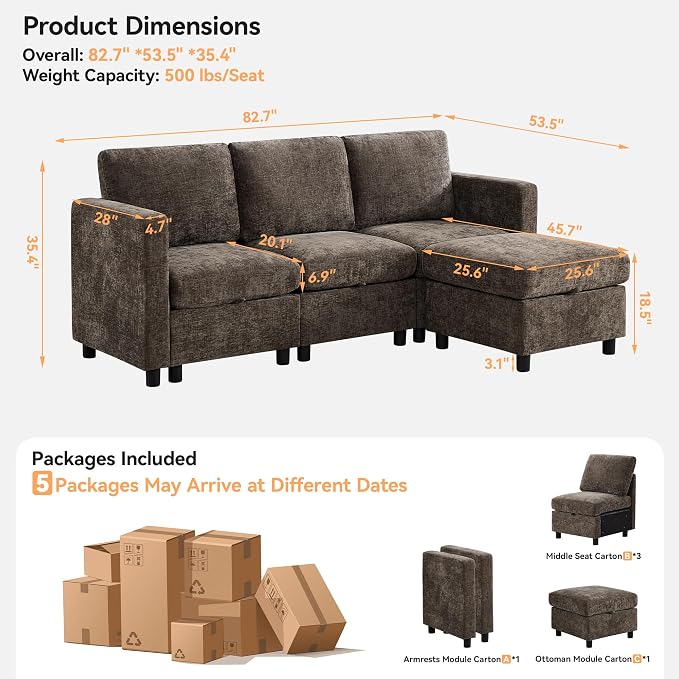 WUTUTUEE 83'' Modular Sectional Sofa Convertible L Shaped Couch Set - Image 2