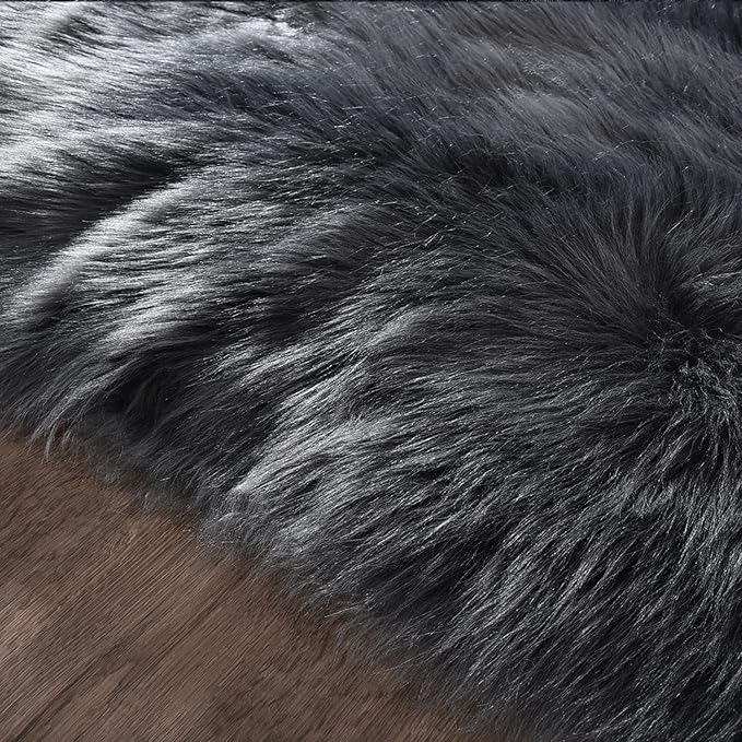 Latepis Dark Grey Faux Fur 4'x5'10" Area Rug, Soft Plush Faux Fur Sheepskin Rugs - Image 6