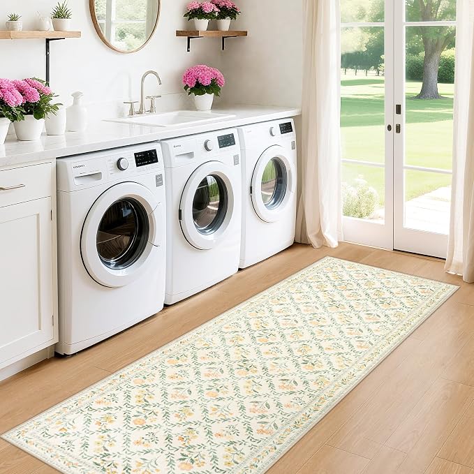 PLHXFR 2.6x8 Washable Runner Rug：Floral Indoor Kitchen Carpet Beige Multi | - Image 4