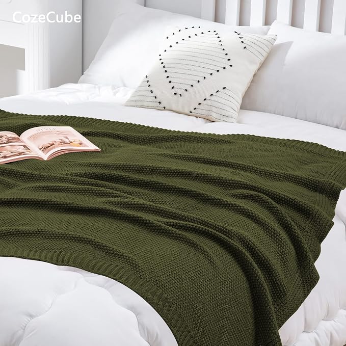 CozeCube Olive Green Seed Stitch Throw Blanket 50"x60", Farmhouse Decor | - Image 5