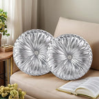HIG Set of 2 Silver Metallic Leather Decorative Round Pleated Throw Pillows | by HIG