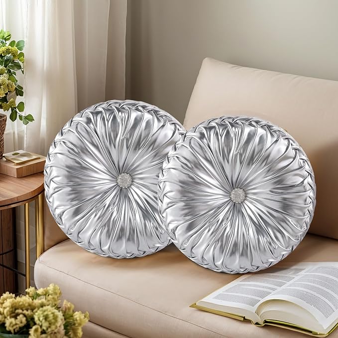 HIG Set of 2 Silver Metallic Leather Decorative Round Pleated Throw Pillows | by HIG