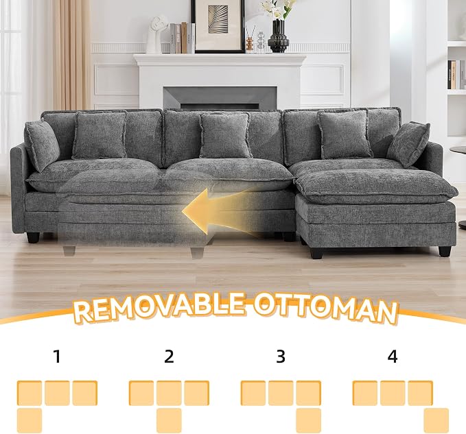 111'' Sectional Cloud Deep Seat Couch, Modern Comfy Chenille L Shaped Sectional - Image 6