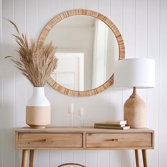 Barnyard Designs Round Rattan Wall Mirror, Natural Tan Woven Rattan Frame - Image 4