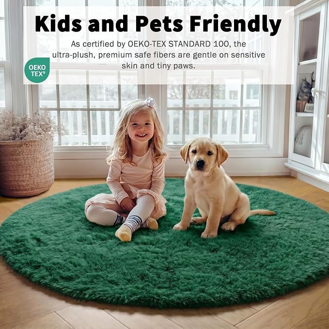 Dark Green Round Area Rugs 5ft, Fluffy Soft Bedroom Circle Rug - Image 3