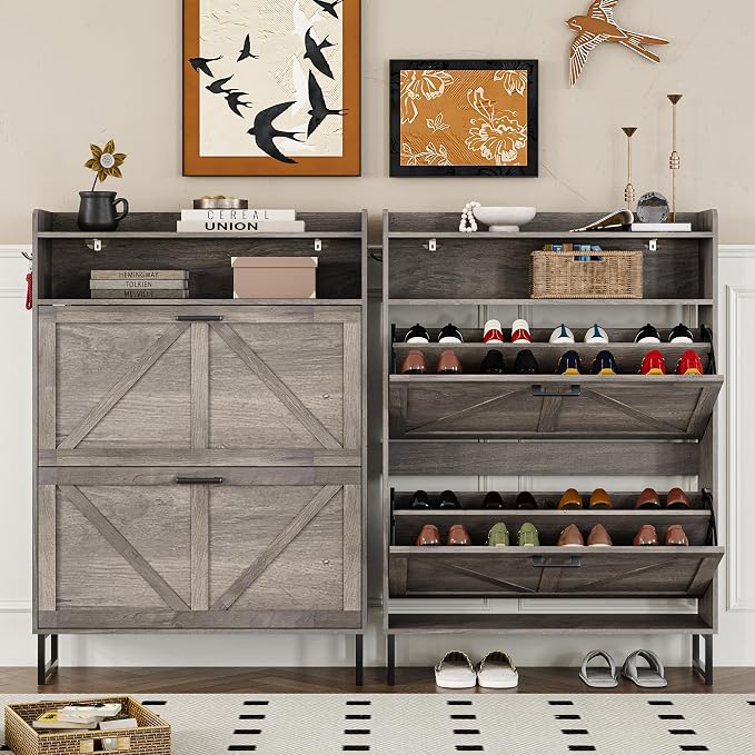 BORNOON Shoe Cabinet with 2 Flip Drawers Narrow Shoe Storage Organizer Wooden - Image 5