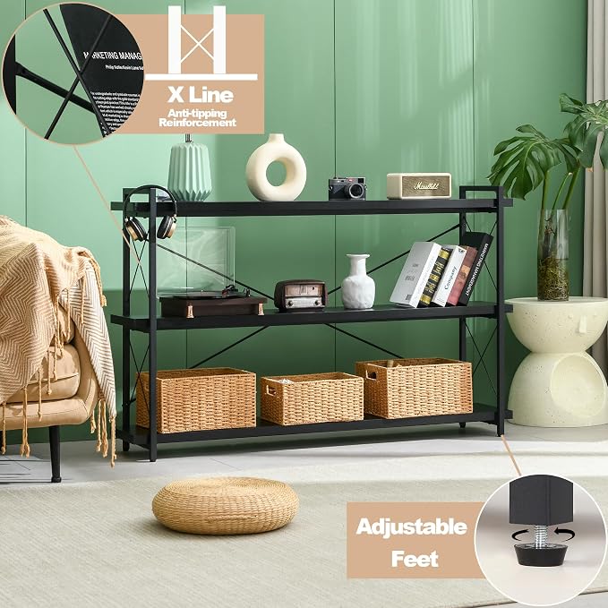 HCHQHS Bookshelf, 3-Tier Long Industrial Bookcase, Freestanding Horizontal - Image 6