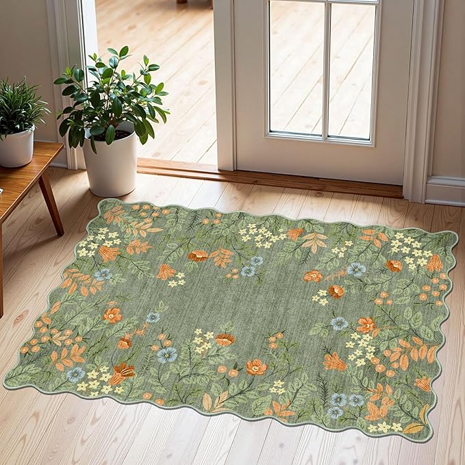 Front Door Mat Indoor Outside Entrance, 2x3 Sage Green Floral Rug | Non-Slip by Othilic