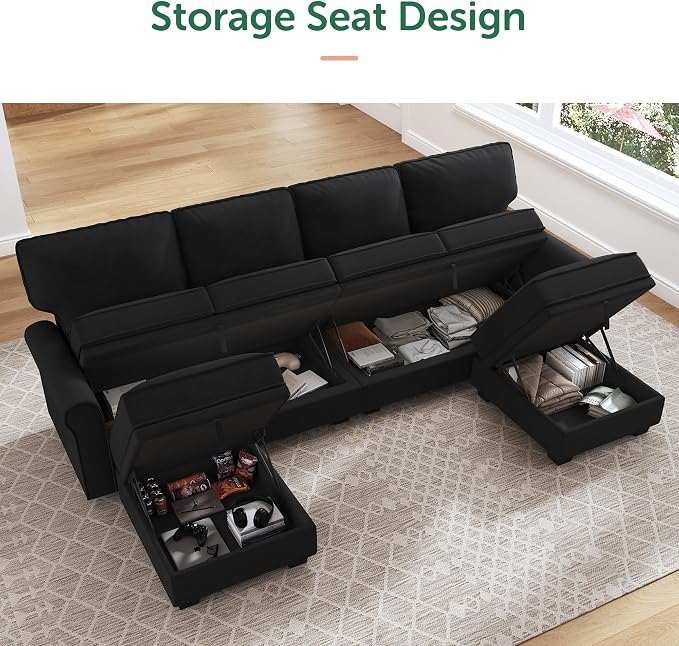 HONBAY Sectional Sofa with Storage Seat Velvet U Shaped Couch with Reversible - Image 3