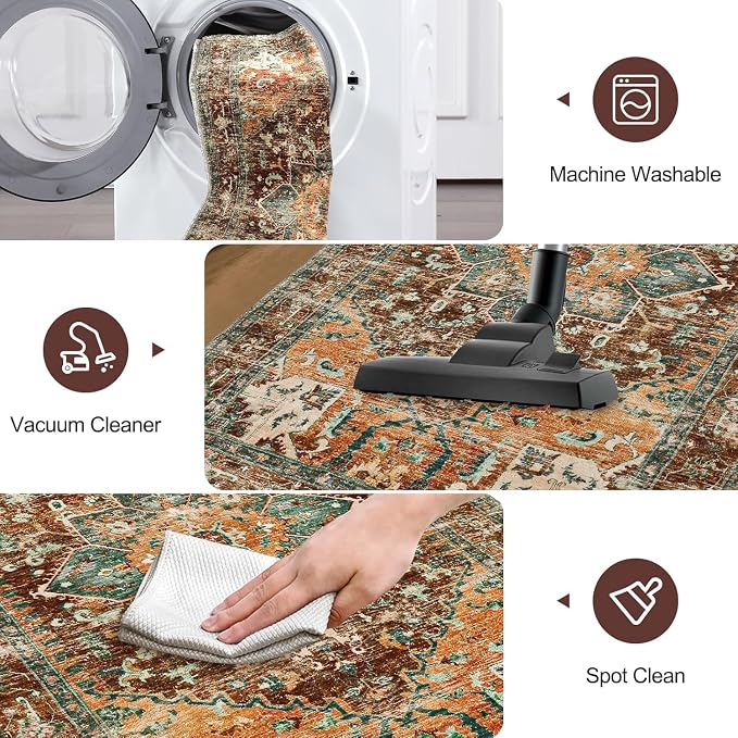 Yamaziot Washable Runner Rug, 3x8 Non-Slip Boho Vintage Hallway Kitchen Rug | - Image 4