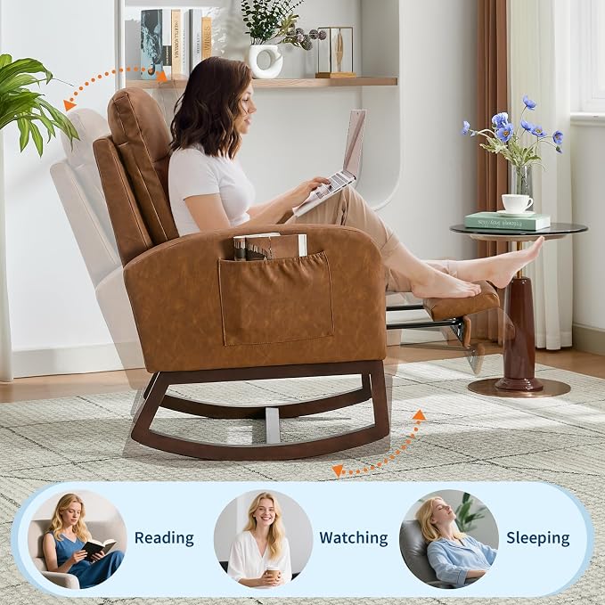 Rocking Chair Nursery with Foot Rest, Modern PU Upholstered Reading Glider - Image 4