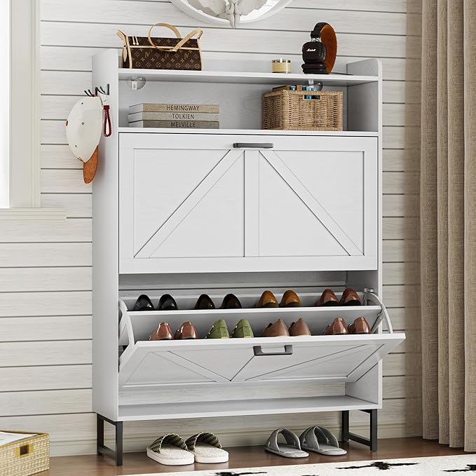 BORNOON Shoe Cabinet with 2 Flip Drawers Narrow Shoe Storage Cabinet Organizer by BORNOON