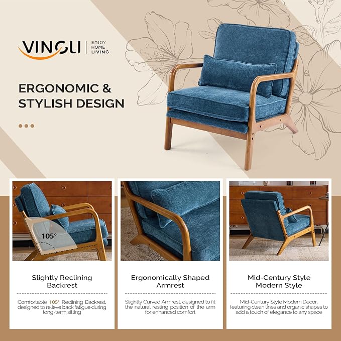 VINGLI Chenille Mid-Century Modern Accent Chair, Cute Reading Arm Chair - Image 4