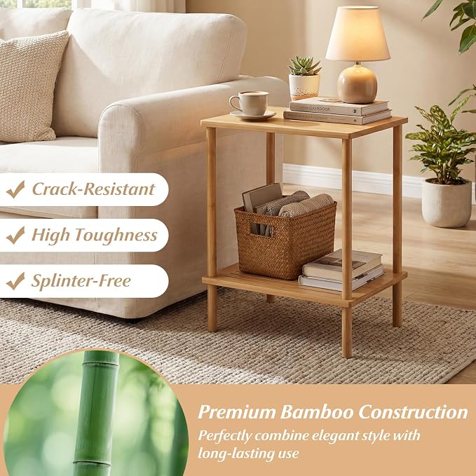 Giantex Bamboo Side Table Set of 2, 2-Tier Sofa End Bedside Table w/Storage - Image 5