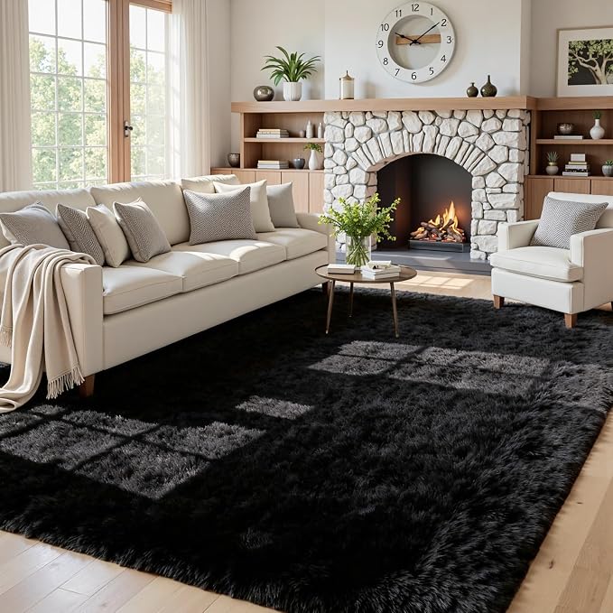 5x7 Fluffy Shag Area Rugs for Living Room Bedroom: Soft Plush Carpet Black | by CarpetAddColortoYourLife