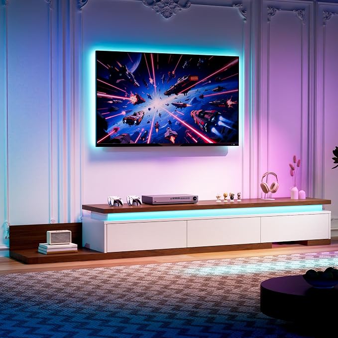 Extendable TV Stand with LED Lights, Modern TV Console with 3 Drawers, Wooden - Image 2