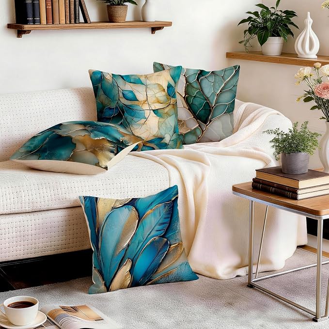 OBSEDE Teal and Gold Leaf Decorative Throw Pillow Covers 18x18 Set of 4 - Image 9