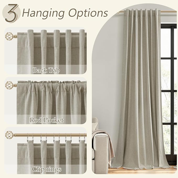 100% Blackout Linen Curtains for Bedroom 96 inches Long 8 FT, Thermal Insulated - Image 6
