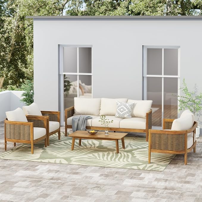 Merax 5-Piece Outdoor Acacia Wood Wicker Conversation Set - Image 8