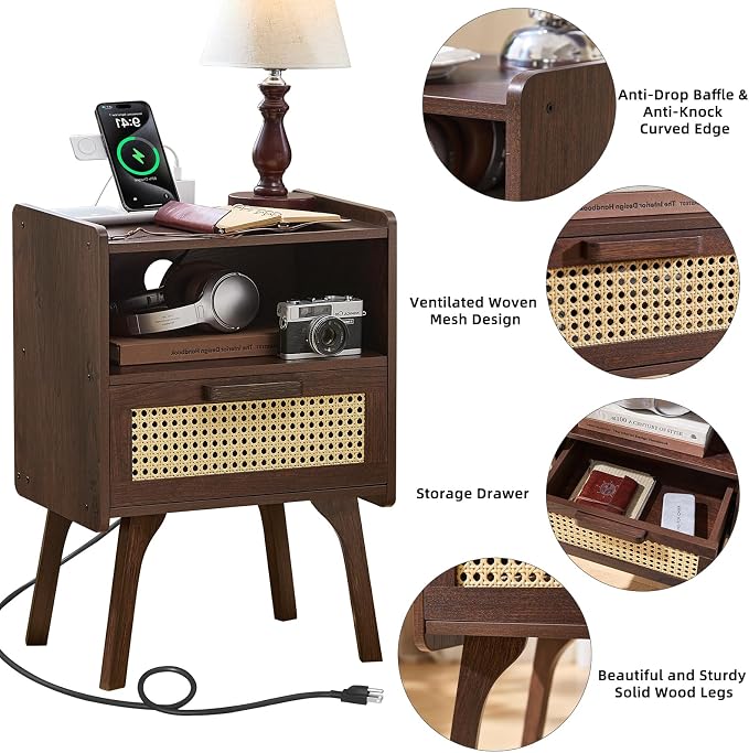 Lerliuo Rattan Nightstand with Charging Station, Walnut Bedside Table with - Image 7