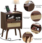 Lerliuo Rattan Nightstand with Charging Station, Walnut Bedside Table with - Image 7