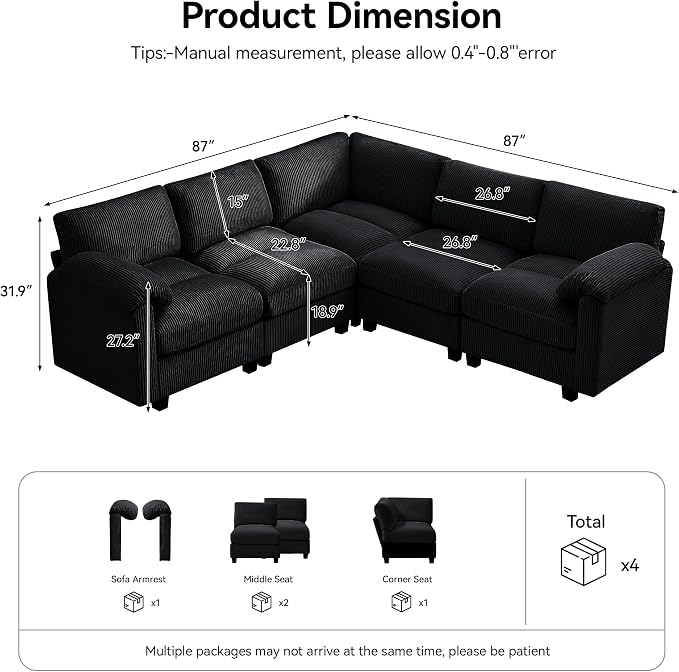 87'' V-Shaped Sectional Sofa Couch, 5-Seater Modular Couches - Image 2