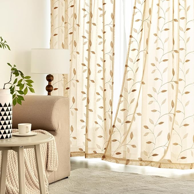 MIULEE Khaki Sheer Curtains 2 Panels Embroidered Leaf Patterned, W52 x L96 | - Image 3