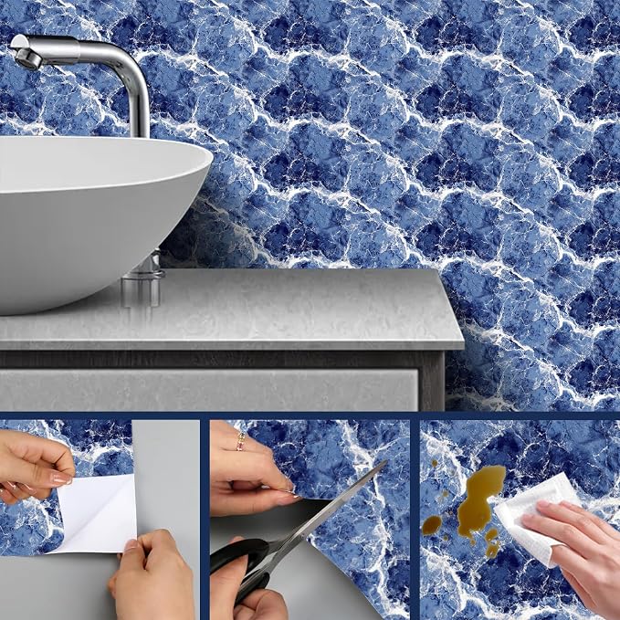 HOMETITUTE Blue Marble Wallpaper Peel and Stick Ocean Wave Pattern 118.1x17.7 - Image 4