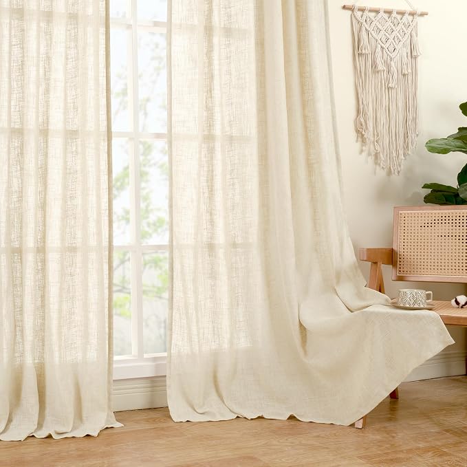Linen Curtains 60 Inch Length 2 Panels, Light Filtering Sheer Panels | Semi - Image 9