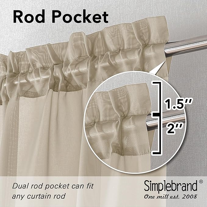 Simplebrand Taupe Sheer Curtains 84 Inches Long 2 Panels, Light Filtering Rod - Image 2