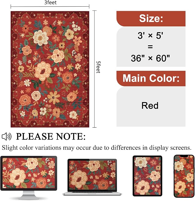 DUKINO 3x5 Area Rug, Floral Washable Rug - Image 2